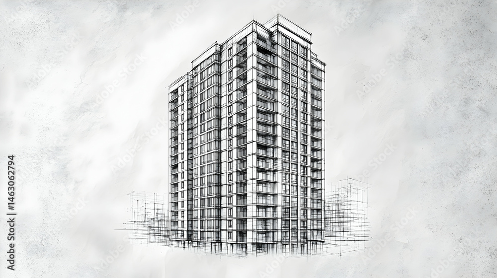 Fototapeta premium Architectural sketch of a modern high-rise building. Detailed pencil rendering of a multi-story residential tower
