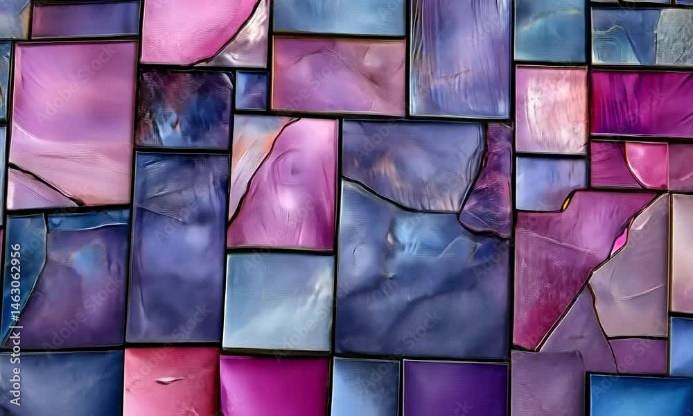 Abstract stained glass pattern of vibrant pinks and purples in rectangular shapes