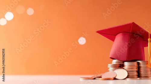 A graduation cap rests on a pile of coins against a warm orange background, highlighting the importance of education and finances