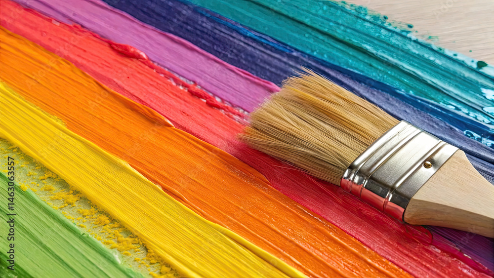 Fototapeta premium Paintbrush resting on vibrant, colorful paint strokes in rainbow pattern, showcasing creativity and artistic expression