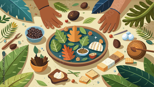 Nature Table A table filled with natural items such as leaves pinecones and stones. Hands sifting through feeling the diversity of natures textures.