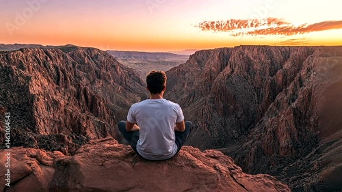 Man meditating atop a canyon at sunset.