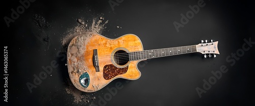 Acoustic guitar covered in soil against a black background, showcasing wear, concept, music