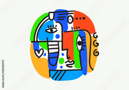 Colorful abstract portraits in cubism-pop art style, featuring bold lines, geometric shapes, expressive eyes, and symbolic human faces.