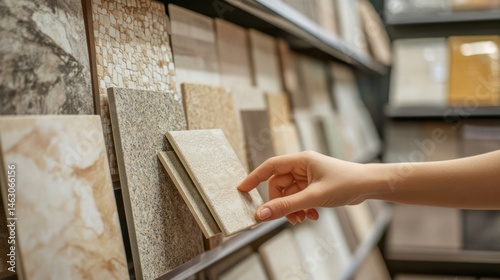 Hand selecting neutral ceramic tiles, illustrating a bathroom renovation decision