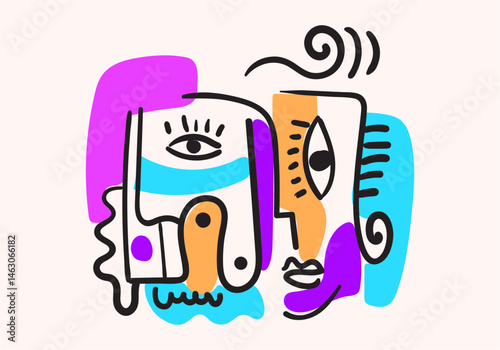 Colorful abstract portraits in cubism-pop art style, featuring bold lines, geometric shapes, expressive eyes, and symbolic human faces.