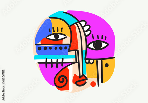 Colorful abstract portraits in cubism-pop art style, featuring bold lines, geometric shapes, expressive eyes, and symbolic human faces.