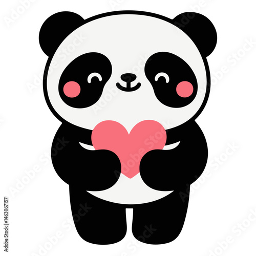 Cute panda holding a heart. Happy panda bear vector illustration.  Black and white cartoon animal with pink cheeks and a heart.