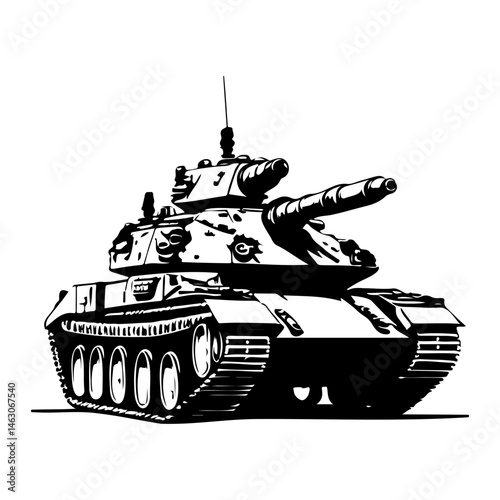 Monochrome military vehicle drawing exhibiting warfare machine strength and power