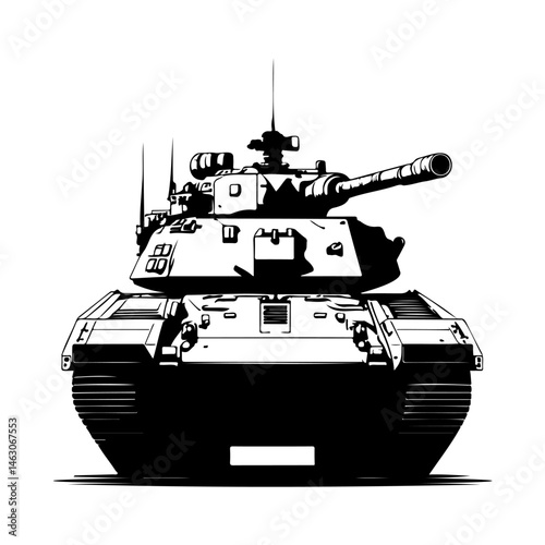 Monochrome illustration of a heavily armored battle tank showcasing aggressive design