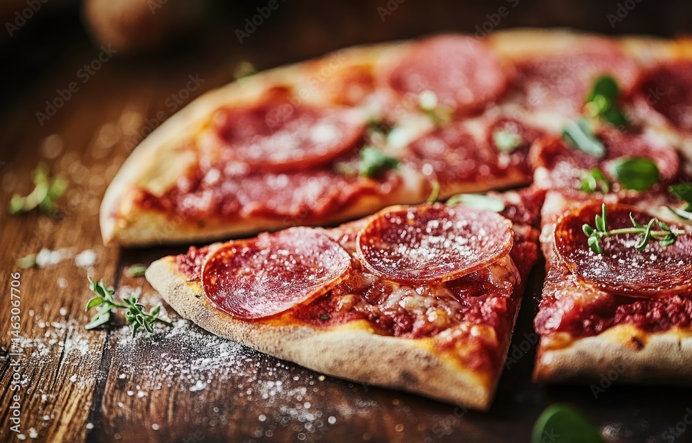 Freshly baked pepperoni and salami pizza with generous toppings on rustic wooden table, close-up shot highlighting textures, colors, ash dust, and fresh oregano, natural soft lighting. Freshly baked pepperoni and salami pizza with generous toppings on rustic wooden table, close-up shot highlighting textures, colors, ash dust, and fresh oregano, natural soft lighting.