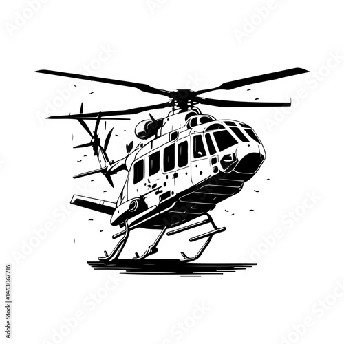 Illustration showcasing a detailed helicopter with complex machinery and rotor blades