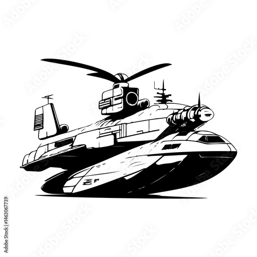Monochrome graphic illustration of advanced futuristic amphibious aircraft concept