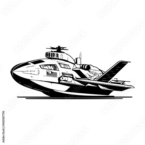 Futuristic monochrome seaplane illustration showcasing advanced propulsion technology