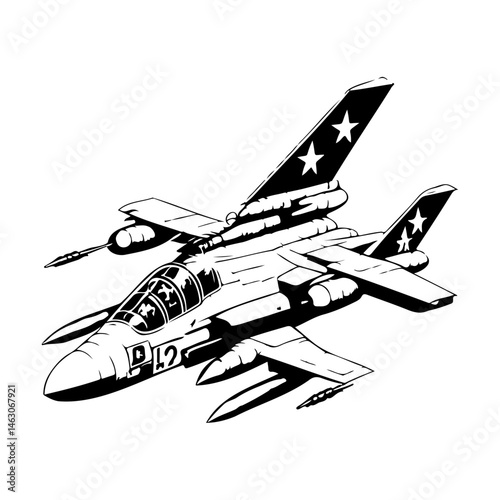 Monochrome depiction of a stylized military aircraft soaring through emptiness
