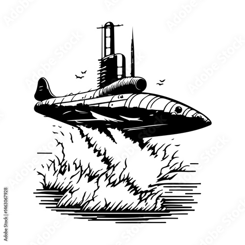 Monochrome submarine breaches water surface in stylized vector illustration