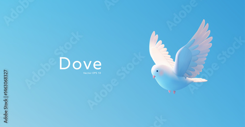 3D white dove flying in the sky with spread wings. Beautiful dove on a blue sky background. Religion, a celebration concept. Vector illustration.