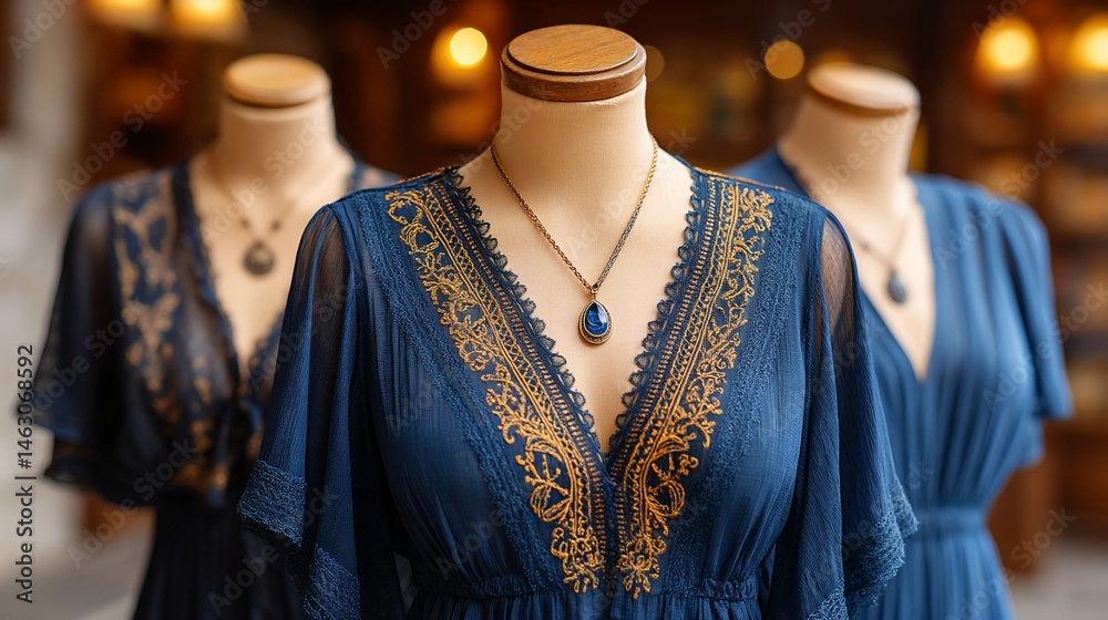 Obraz premium Blue dresses on display with necklace accessories, showcasing intricate details