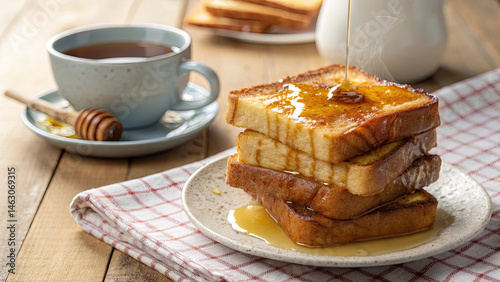 Golden French toast slices stacked on plate, drizzled with honey, served with cup of tea on rustic wooden table