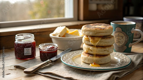 Fluffy crumpets stacked with honey drizzle, served with jam, butter, and cup of tea on rustic wooden table by window. Cozy breakfast vibes