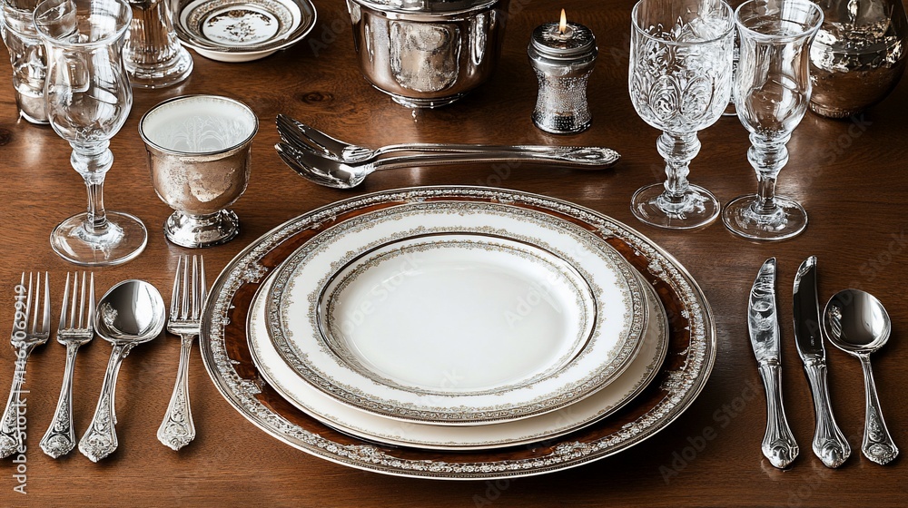 Formal table setting with fine china, silverware, crystal, and polished wood table Formal table setting with fine china, silverware, crystal, and polished wood table