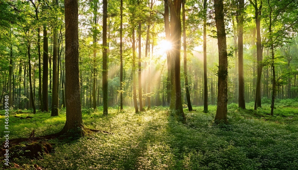 Fototapeta premium sunlight in green forest at sunrise landscape of summer forest with warm sunbeams through trees natural scene of woodland in the morning
