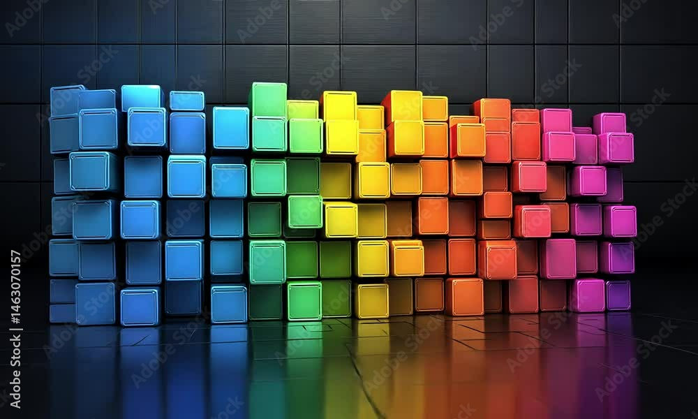 Colorful 3D cubes in rainbow colors, arranged in a pattern on a dark background