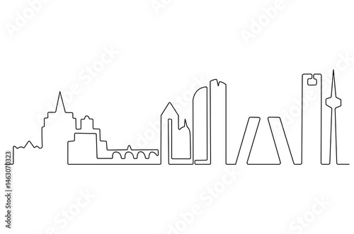 Continuous one line drawing of Madrid city skyline. Single line drawing illustration of Spain cityscape. Beautiful buildings and architecture concept vector art. Doodle line illustration.