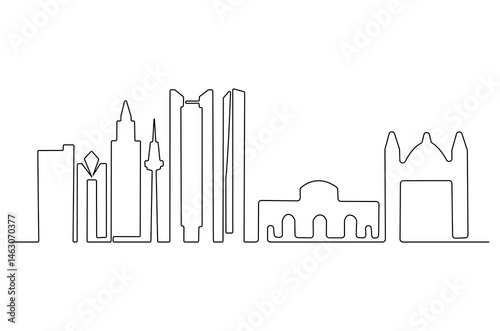 Continuous one line drawing of Madrid city skyline. Single line drawing illustration of Spain cityscape. Beautiful buildings and architecture concept vector art. Doodle line illustration.