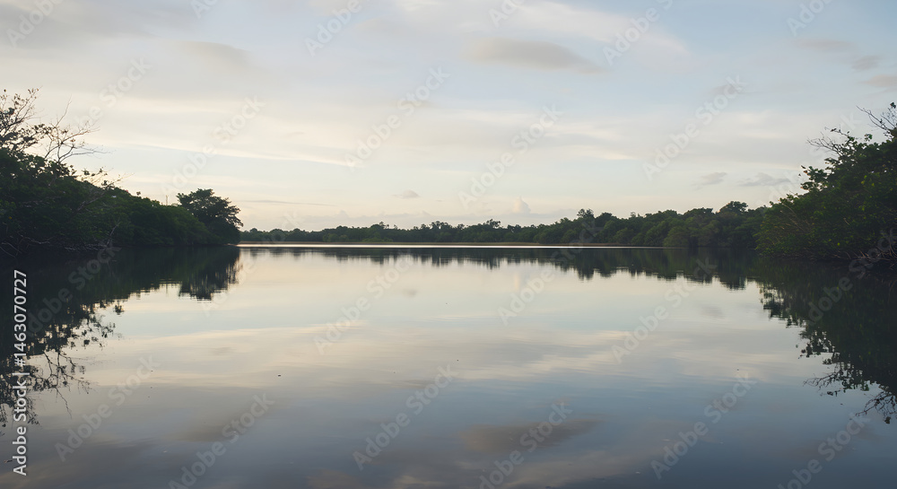 Fototapeta premium Serene Evening Reflections: Tranquil Waterway Surrounded by Lush Vegetation