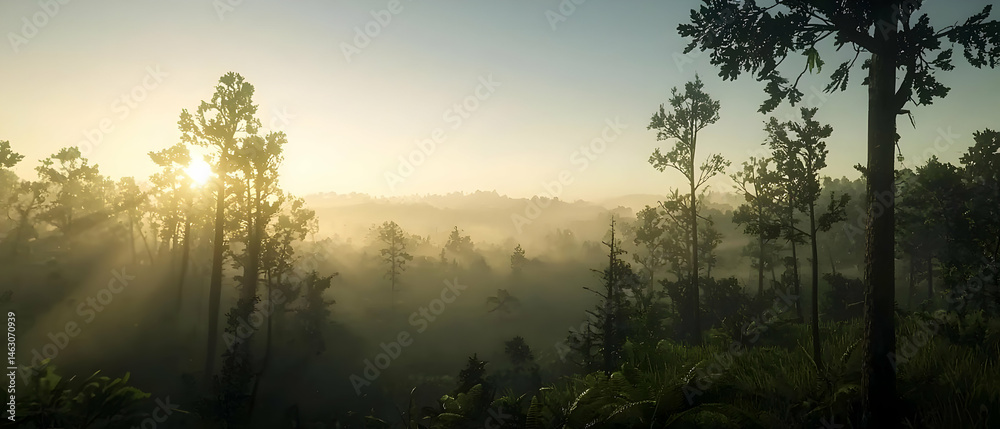 Fototapeta premium Misty Sunrise Forest Viewpoint