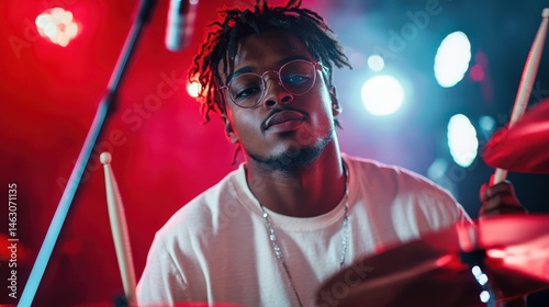 A passionate young drummer steals the spotlight with intense concentration amid colorful stage lights, representing the energy and creativity of live music performances. photo