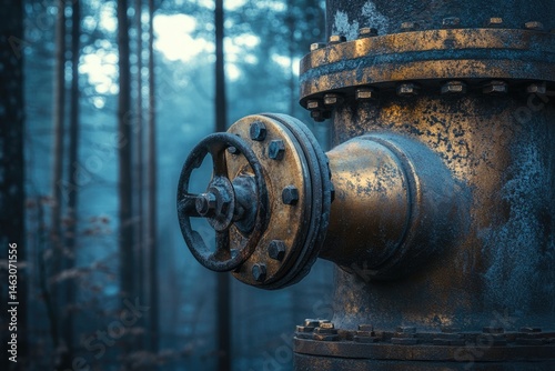 Aged metal valve with forest backdrop, rustic industrial aesthetic, weathered and worn texture, serene forestry.