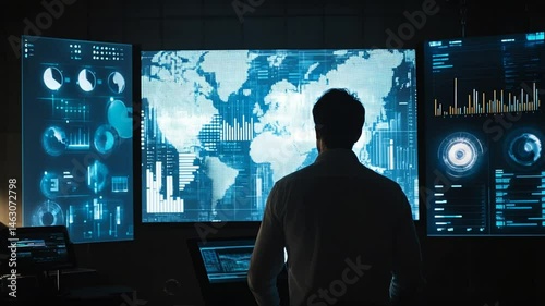 Man monitoring global data and analytics on digital screens in dark control room