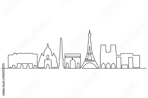 Continuous one line drawing of Paris city skyline. Single line drawing illustration of France cityscape. Beautiful buildings and architecture concept vector art. Doodle line illustration.