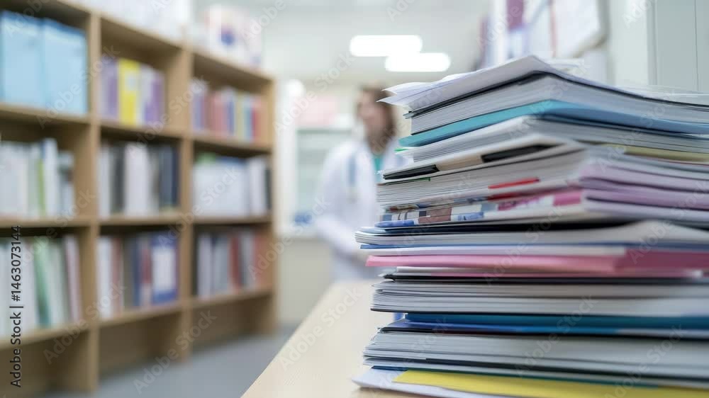 A healthcare worker sorts through numerous medical documents in a library filled with resources A healthcare worker sorts through numerous medical documents in a library filled with resources