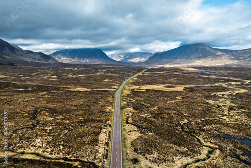 Obraz na płótnie Moors and Road A82 over Glencoe Valley from a drone, Highland, Scotland w salonie