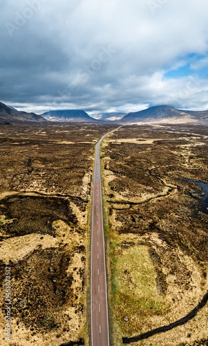Obraz na płótnie Moors and Road A82 over Glencoe Valley from a drone, Highland, Scotland w salonie