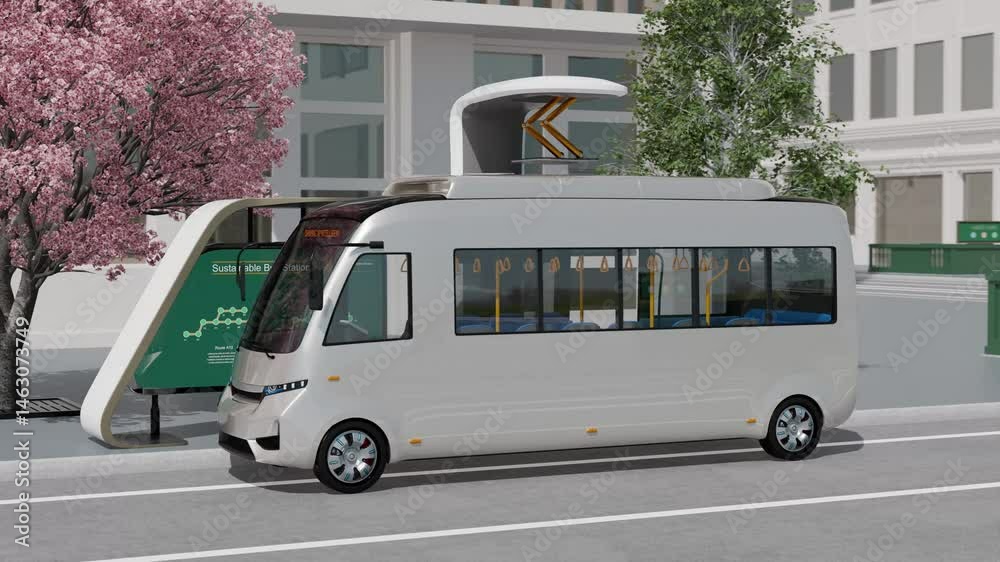 Electric bus charging by high power pantograph charger in bus station. 3D rendering animation.