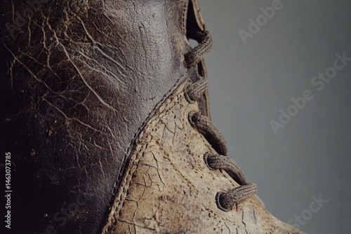 Close-up of a worn leather boot showing cracks, laces, and weathered texture against a plain background, creating a vintage aesthetic.