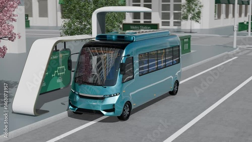 Electric bus enter a bus station, charging by high power pantograph charger. 3D rendering animation.