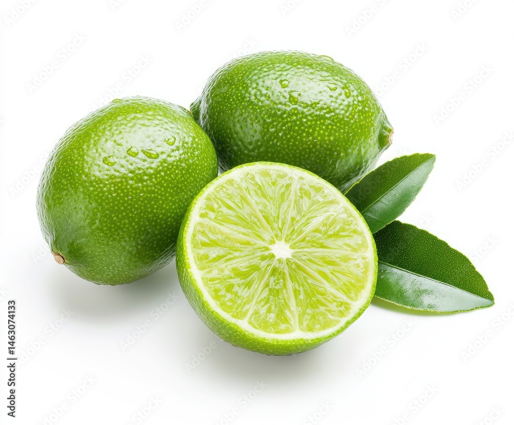 Fresh limes, whole and sliced, on white background Fresh limes, whole and sliced, on white background