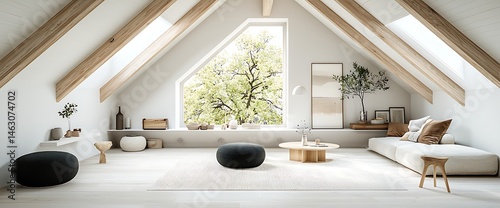 Airy attic living room. Natural light, exposed beams, simple furniture. Cozy, bright, modern interior