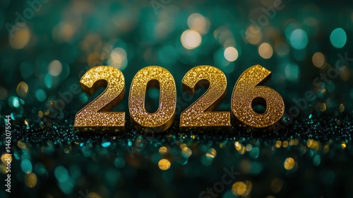 Shimmering gold numbers 2026 are displayed against a blurred green backdrop, symbolizing the anticipation of the New Year