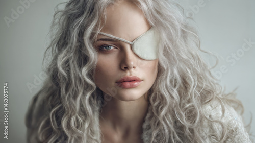 A captivating close-up portrait of a woman with wavy silver hair and wearing a white eye patch. Her expression is serene yet compelling, and one of inner strength and determination.