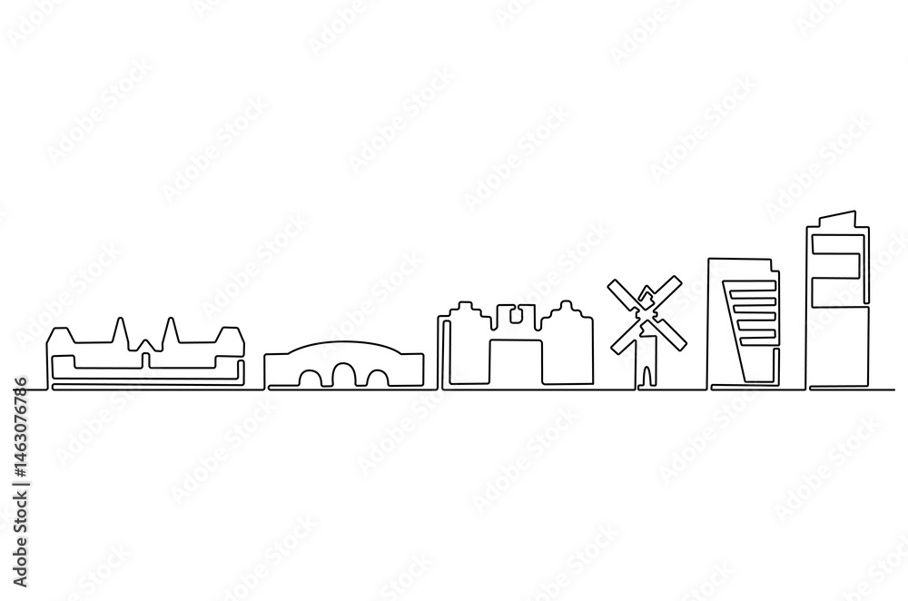 Naklejka premium Continuous one line drawing of Amsterdam city skyline. Single line drawing illustration of Netherlands cityscape. Beautiful buildings and architecture concept vector art. Doodle line illustration.