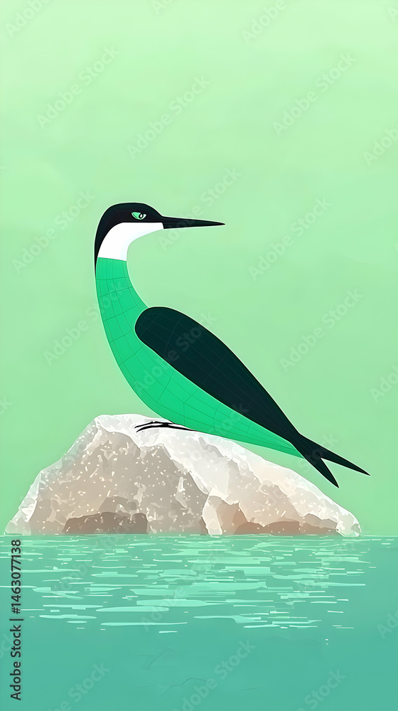 Obraz premium Kingfisher perched on rock, tranquil water background; nature illustration for websites, social media, or print