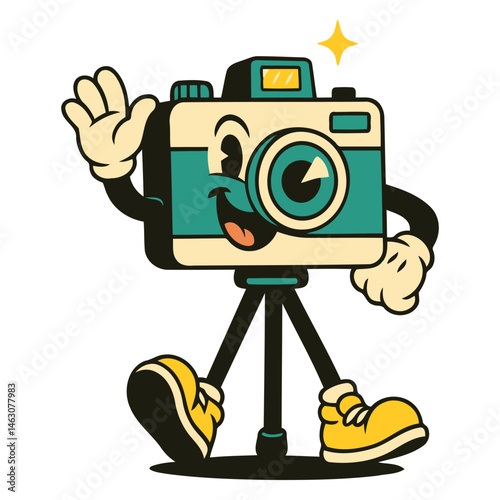 Cartoon Camera Character on Tripod Waving and Smiling with Sparkle