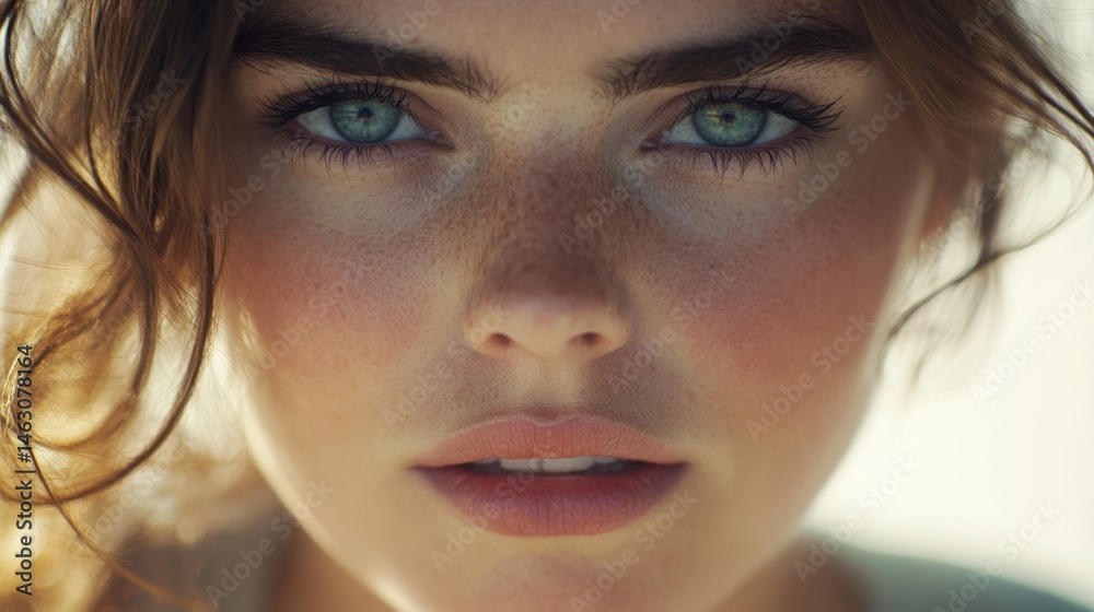 custom made wallpaper toronto digitalModel with striking blue eyes and freckles poses outdoors during golden hour, showcasing natural beauty and captivating expression