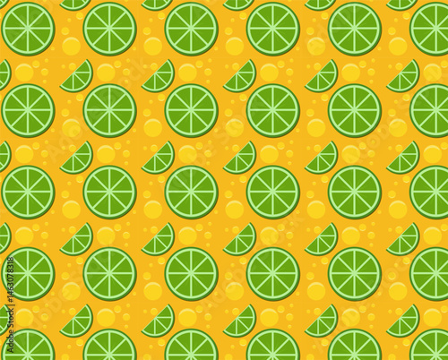Patrón sin cortes de limones con burbujas y fondo naranja.